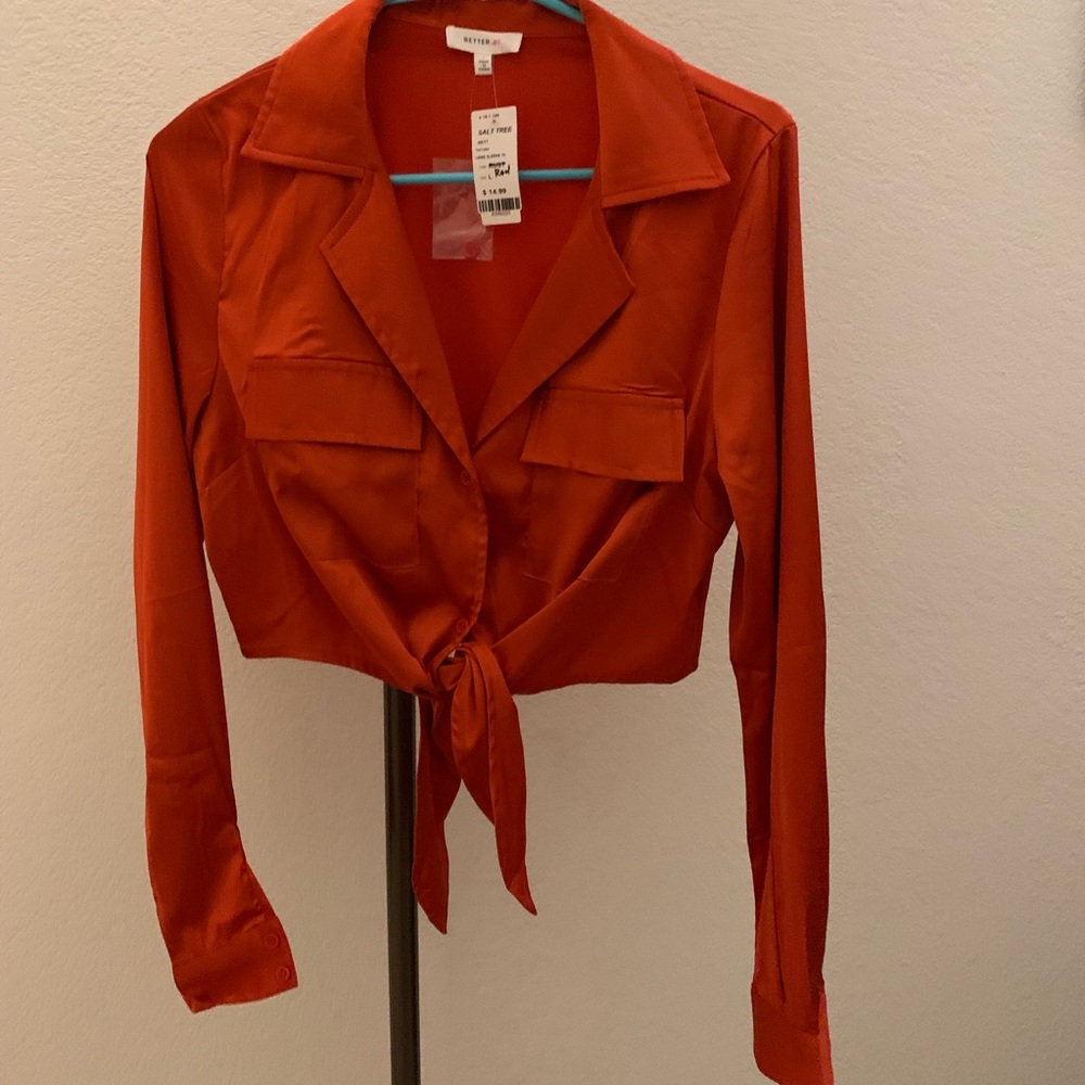 Red satin shirt!